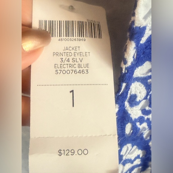 Chicos NWT Womens Printed Eyelet 3/4 Sleeve Electric Blue & White jacket sz 1 - Picture 5 of 6